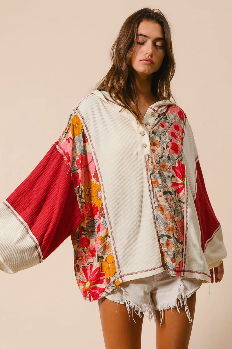 IT2740R-01 | KNIT AND PRINT MIXED HOODIE TOP Non Iron Technology