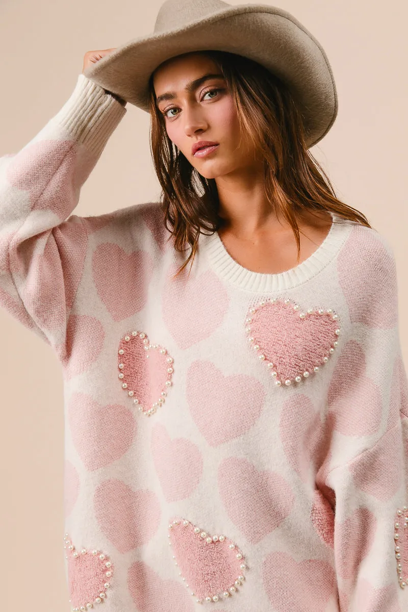FoldableStorageCapability IT2773R-01 | HEART SWEATER TOP WITH PEARL DETAIL