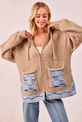 Ribbed Collar Style IT2951G-01 | WASHED CHECKER DENIM MIX AND MATCH SWEATER HOODIE