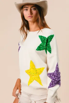 IT3107-01 | SEQUIN VELVET STAR PATCHES MARDI GRAS SWEATER Weekend Outing Wear Climate Responsive Textile
