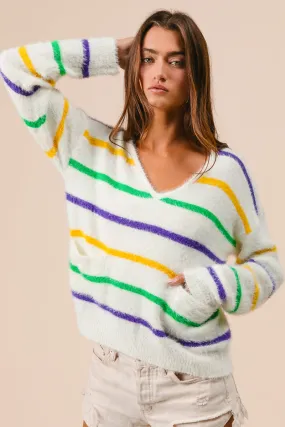 IT3133-01 | MARDI GRAS STRIPES V-NECK HAIRY SWEATER Static free Quick Dry Fabric