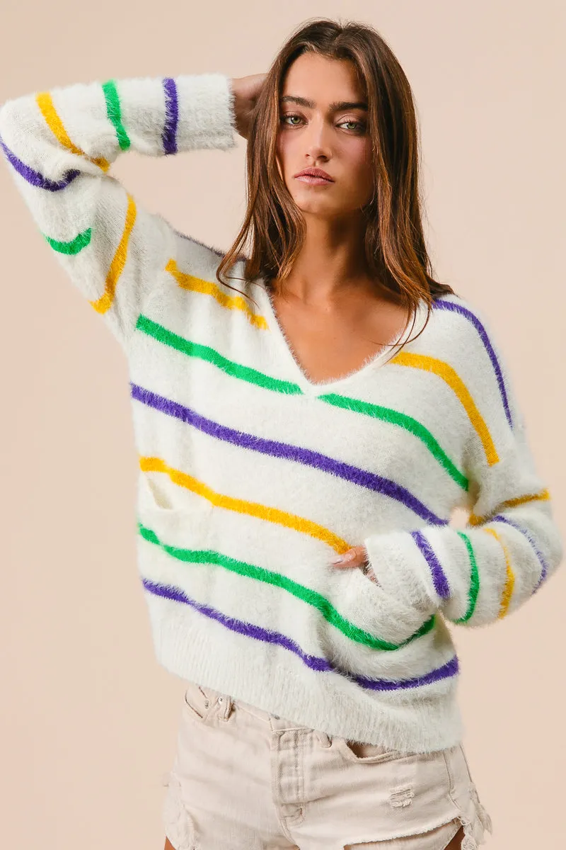 IT3133-01 | MARDI GRAS STRIPES V-NECK HAIRY SWEATER Water-resistant Hygienic Inner Layer