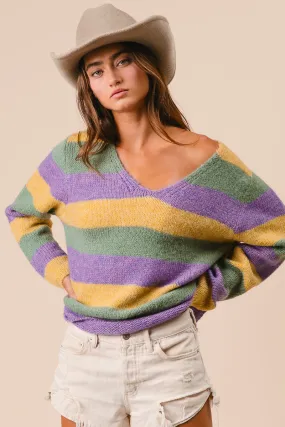 Office Glam IT3153-01 | V-NECK MARDI GRAS STRIPES SWEATER