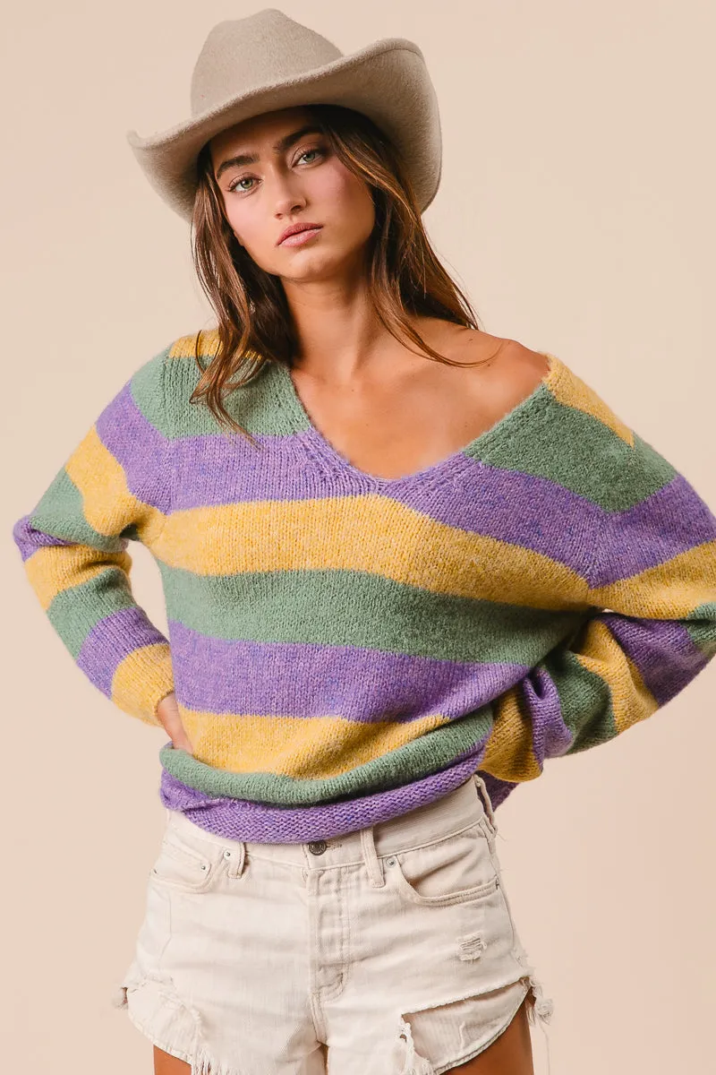 IT3153-01 | V-NECK MARDI GRAS STRIPES SWEATER Compression Packability Outdoor Adventure Wear