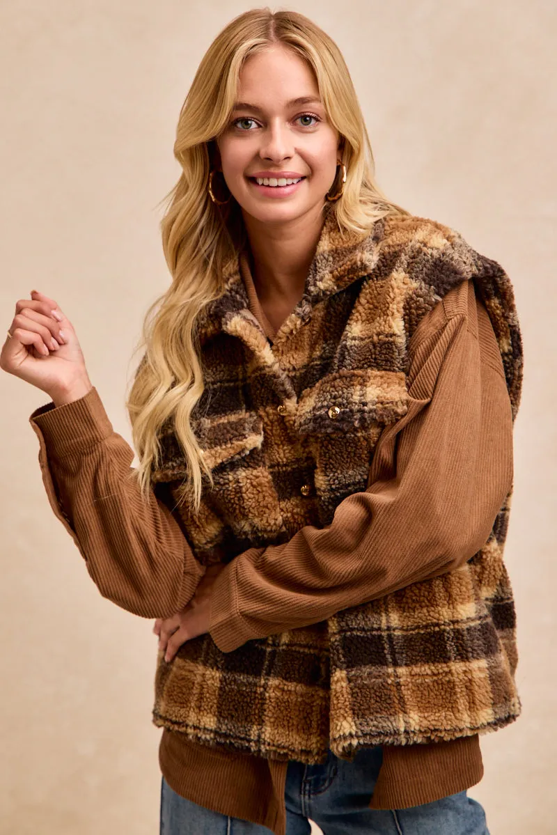 IT3179S-01 | PLAID SHERPA BUTTONED VEST FlexibleKnees stain resistant coating