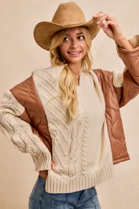 IT3206R-01 | CABLE KNIT WITH QUILTED COMBO V NECK TOP Cozy Texture