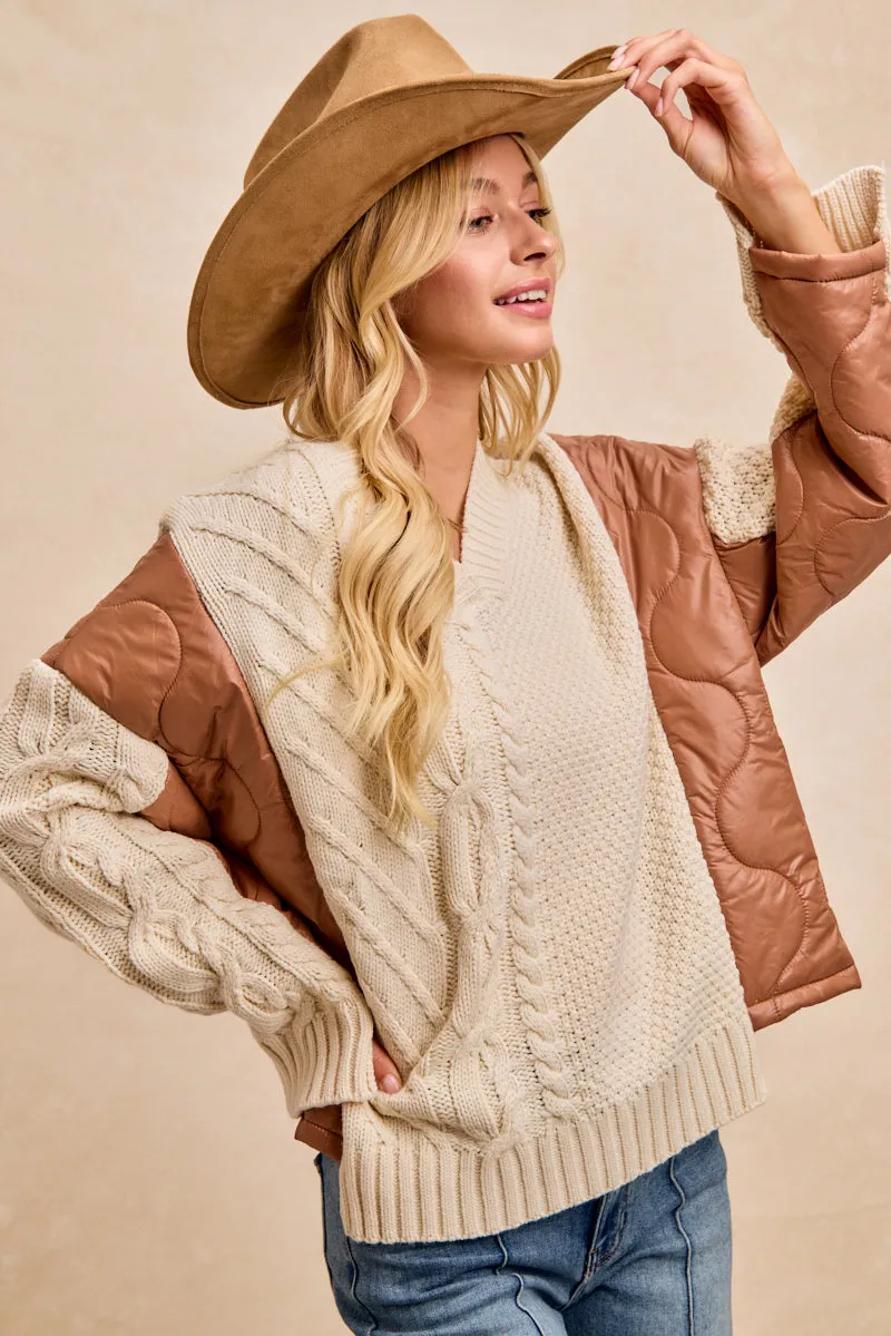 IT3206R-01 | CABLE KNIT WITH QUILTED COMBO V NECK TOP ZeroWastePattern