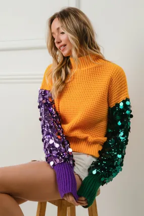 IT3223-01 | SPANGLED SLEEVE MARDI GRAS COLOR BLOCK SWEATER Reinforced Hems