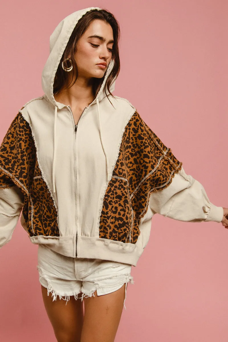 Lightweight Thermal Tech IT3339R-03 | WASHED LEOPARD AND OATMEAL DENIM MIX AND MATCH HOODIE JACKET