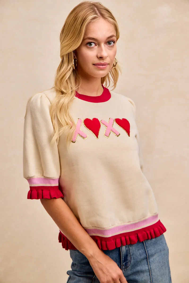 IT3352G-09 | VALENTINE'S XOXO PATCHES BANDED PUFF SLEEVES TOP HighWaistSupport Abrasion Resistant Panels