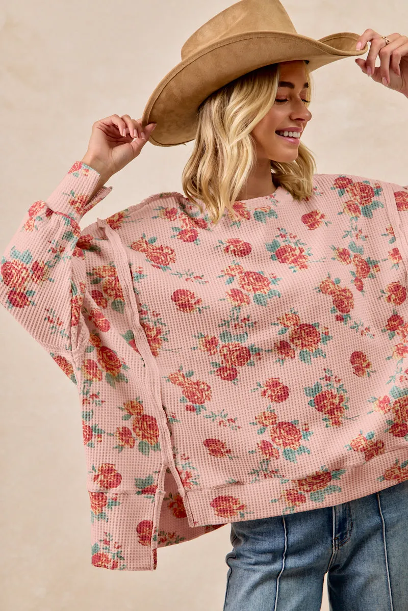 Moisture wicking IT3426G-13 | FLORAL PRINT OVERSIZED WAFFLE THERMAL SWEATSHIRT