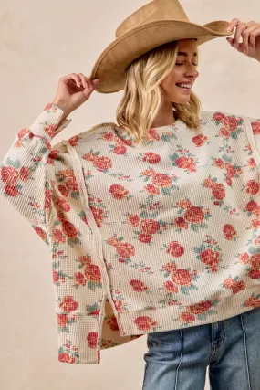 IT3426G-13 | FLORAL PRINT OVERSIZED WAFFLE THERMAL SWEATSHIRT Basic Travel Fit