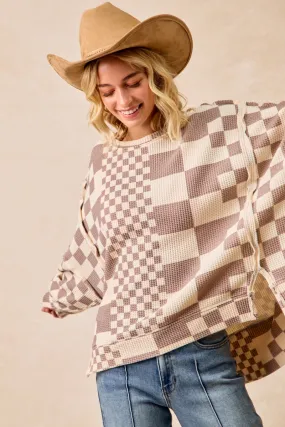 Training Wear Flattering Design IT3426G-15 | CHECKER PRINT OVERSIZED WAFFLE THERMAL SWEATSHIRT