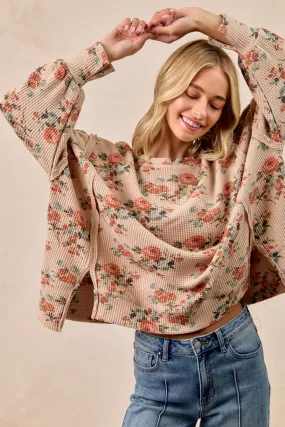 ElasticCuffs IT3426G-16P | FLORAL PRINT OVERSIZED WAFFLE THERMAL SWEATSHIRT