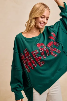 Plaid Print Comfortable Urban Piece IT3426G-18P | CHRISTMAS PLAID MERRY LETTERING FLEECE SWEATSHIRT