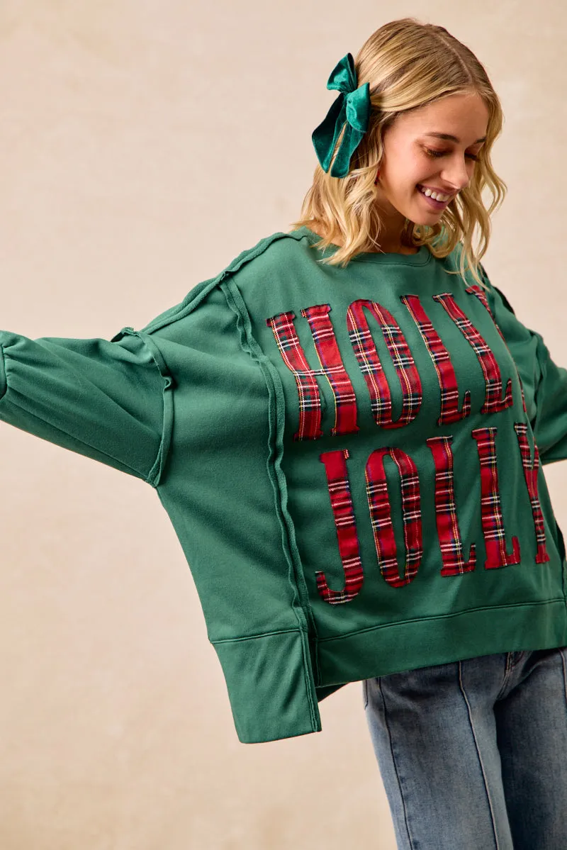 Wrinkle Free Fabric IT3426G-19 | CHRISTMAS PLAID HOLLY JOLLY LETTERING SWEATSHIRT
