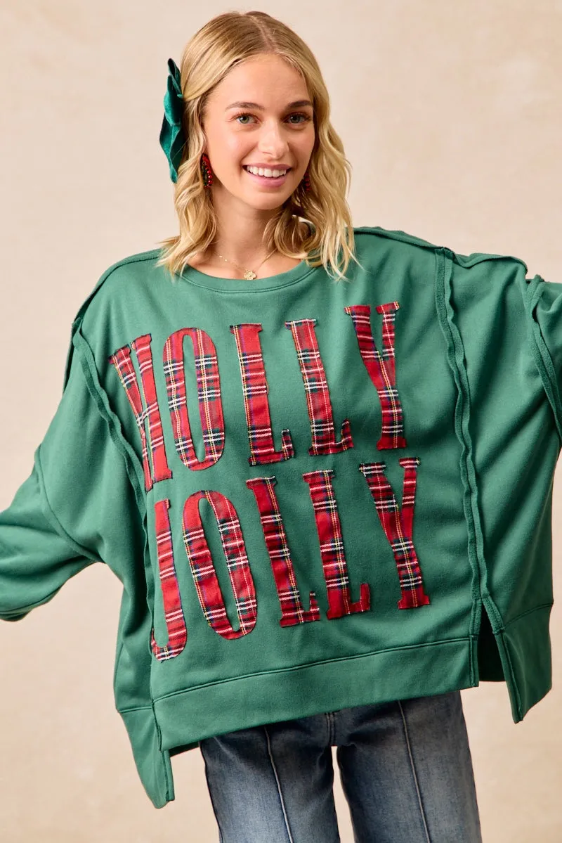 Windproof Cuffs IT3426G-19 | CHRISTMAS PLAID HOLLY JOLLY LETTERING SWEATSHIRT