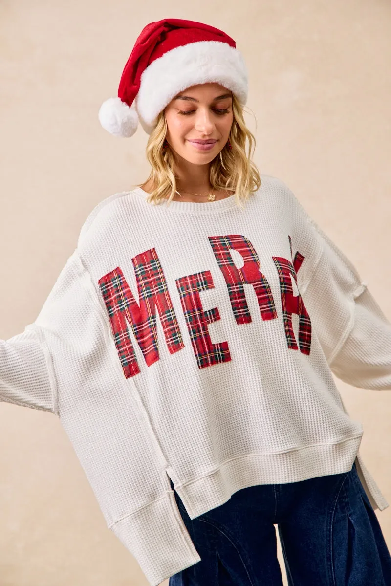 IT3426G-20P | CHRISTMAS PLAID MERRY LETTERING SWEATSHIRT Freedom Fit