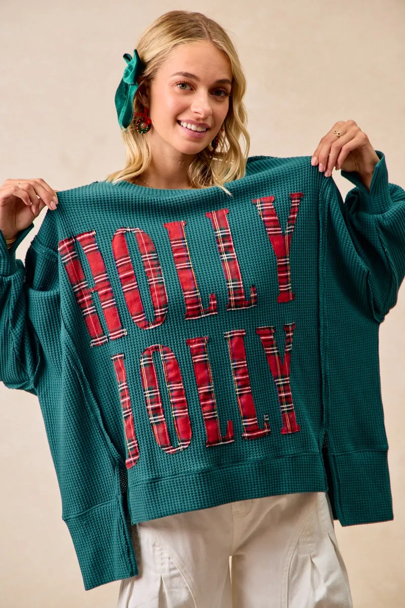 IT3426G-21 | CHRISTMAS PLAID HOLLY JOLLY LETTERING SWEATSHIRT ReinforcedStitching BreathableFabric