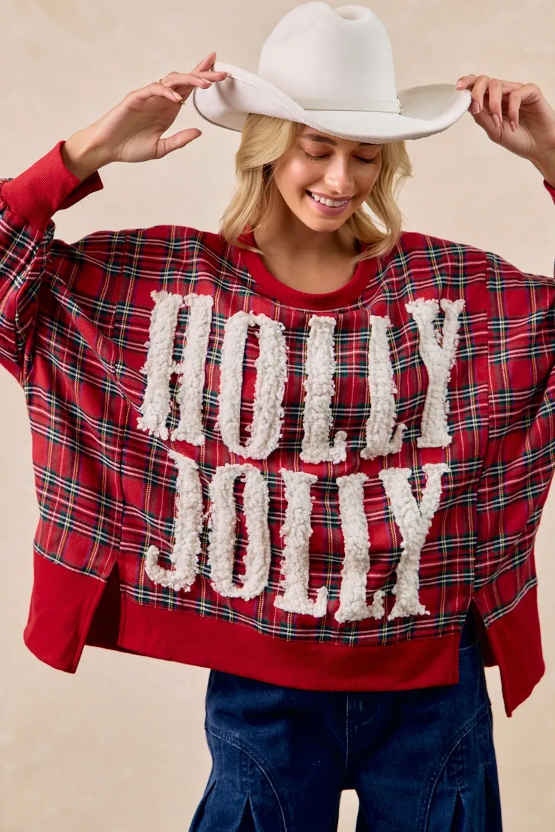 IT3426G-23P | HOLLY JOLLY CHRISTMAS PLAID OVERSIZED SWEATSHIRT High Collar