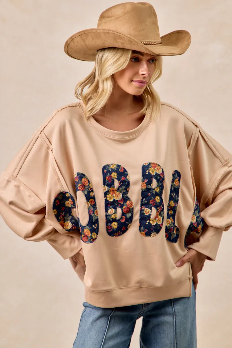 AntiStaticLining IT3426G-25 | THANKSGIVING GOBBLE LETTER PATCHES SWEATSHIRT
