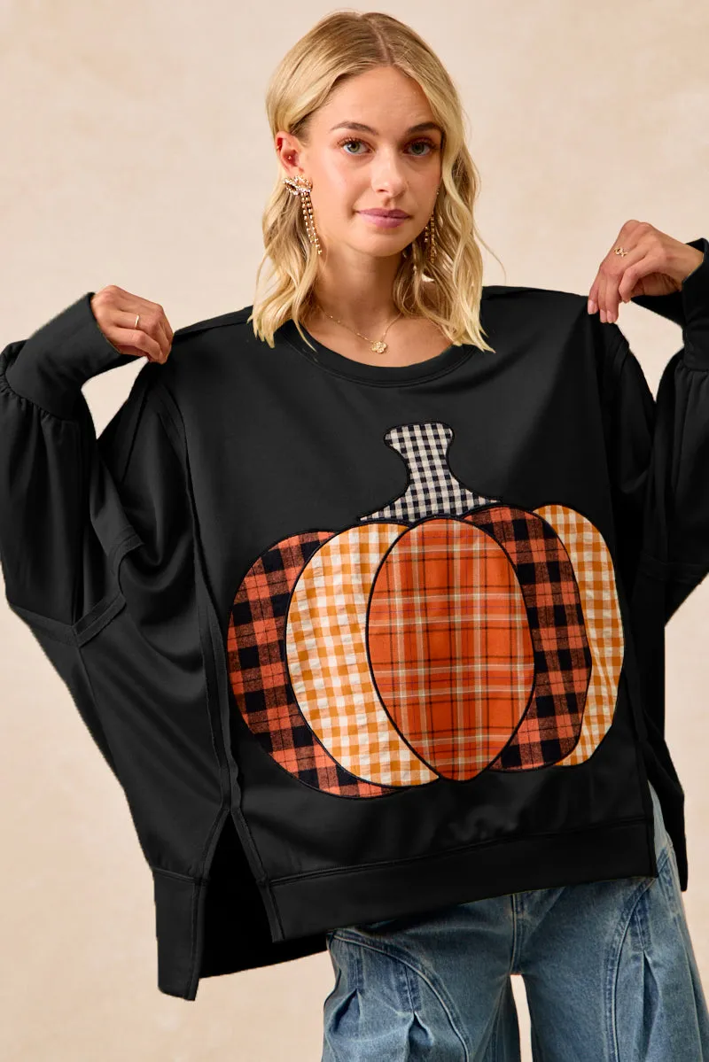 IT3426G-27 | PLAID PUMPKIN PATCHWORK FRENCH TERRY SWEATSHIRT NonRestrictiveCut Smart Style