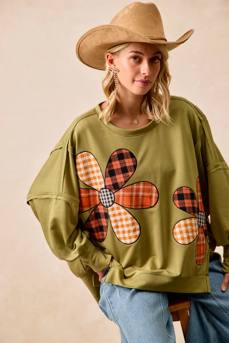 TemperatureRegulating All Season IT3426G-28 | PLAID MIX FLOWER PATCHWORK FRENCH TERRY SWEATSHIRT