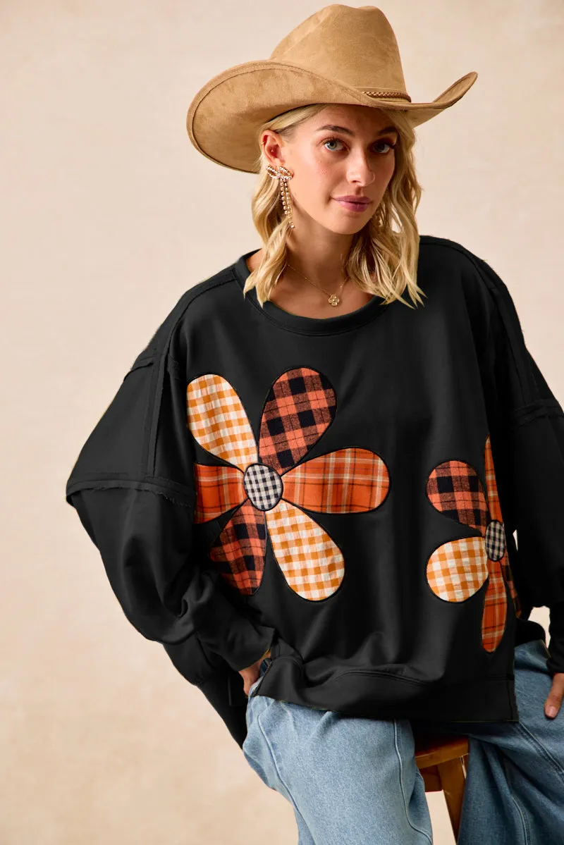 Enhanced Edge Binding IT3426G-28 | PLAID MIX FLOWER PATCHWORK FRENCH TERRY SWEATSHIRT