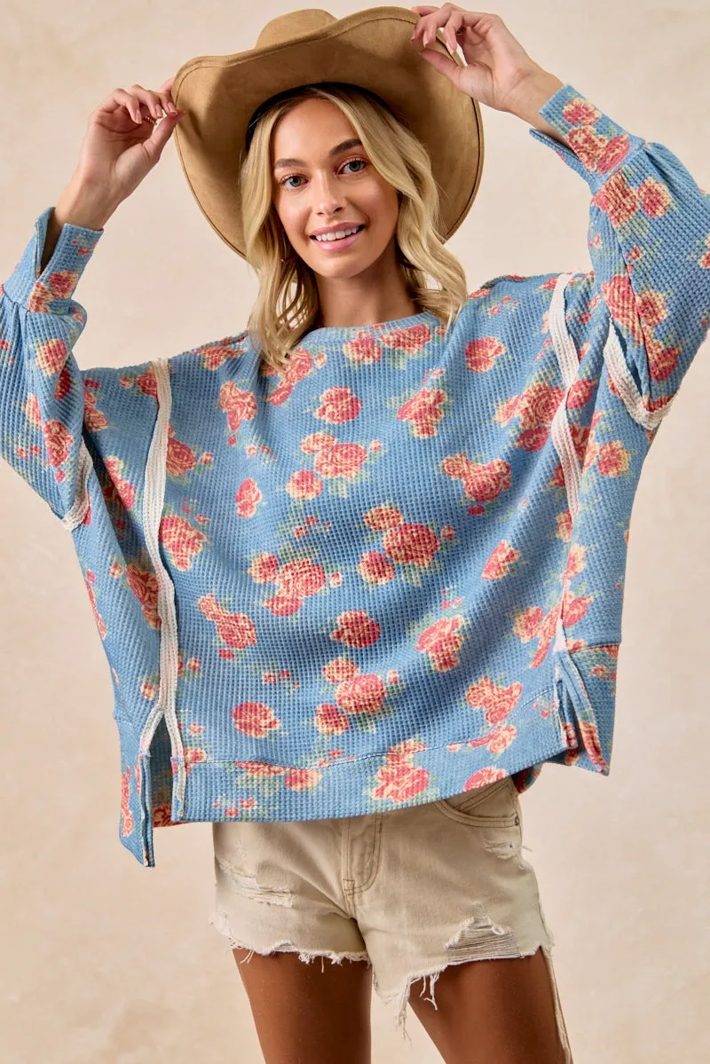 EasyCareFabric Gripper Waistband IT3426G-30 | FLORAL PRINT OVERSIZED WAFFLE THERMAL SWEATSHIRT