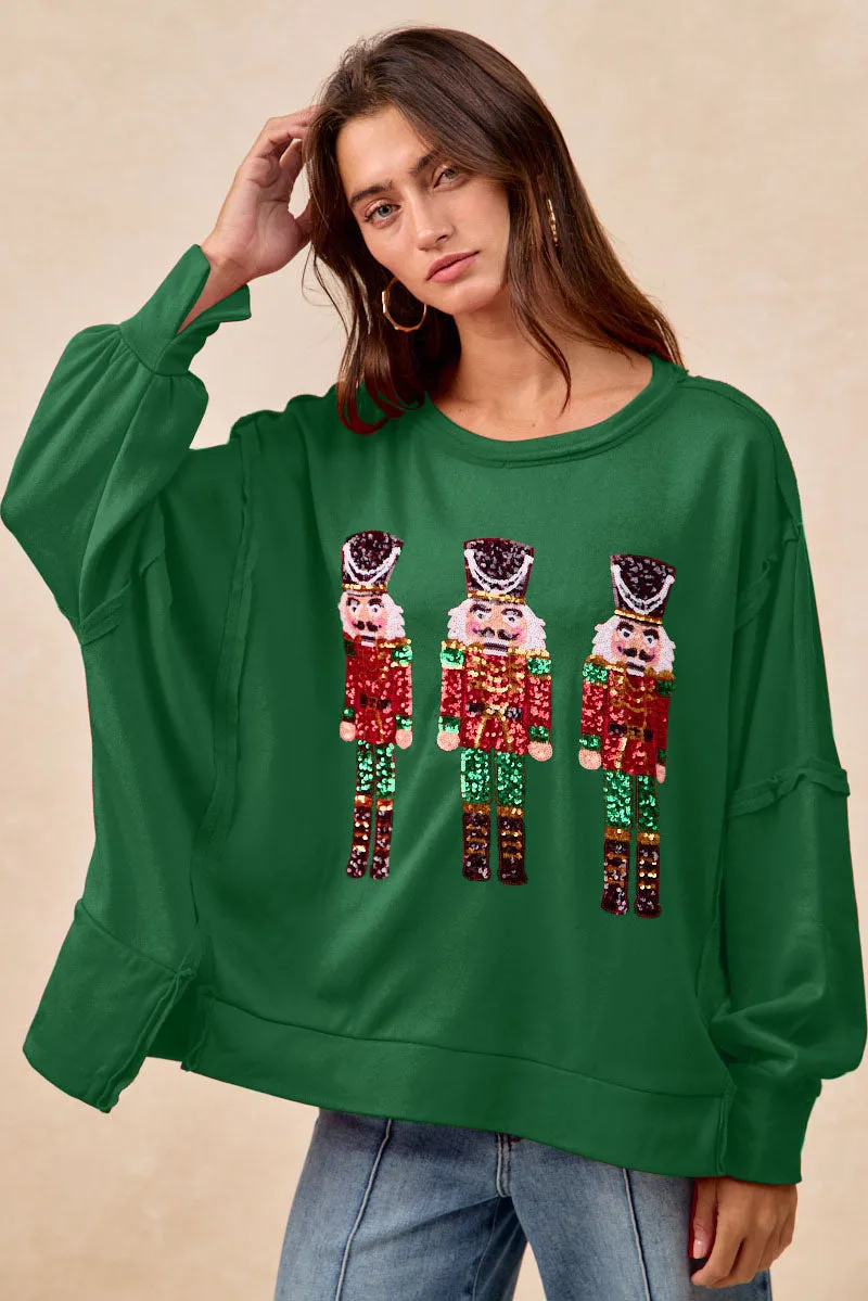 Rolled Hem Detailing Versatile use IT3426G-47 | CHRISTMAS SEQUIN NUTCRACKERS EMBROIDERY SWEATSHIRT