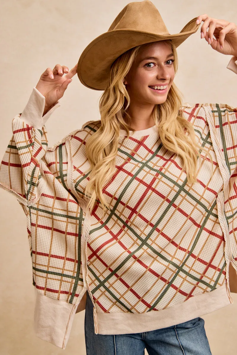 Wind Resistant Lining IT3426G-49 | CHRISTMAS PLAID PRINT WAFFLE SWEATSHIRT TOP