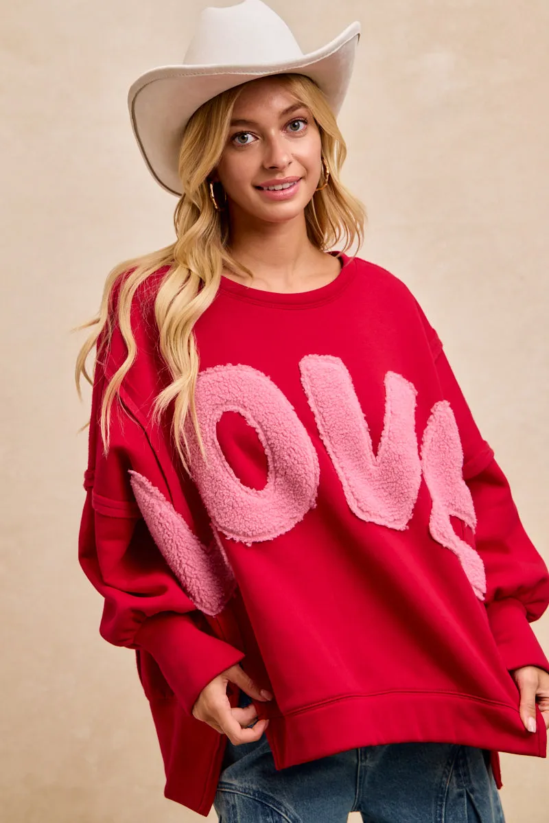 IT3426S-42 | BRUSHED TERRY LOVE FLEECE PATCHWORK FLEECE TOP Durable Chainstitch Layered Neckline Details