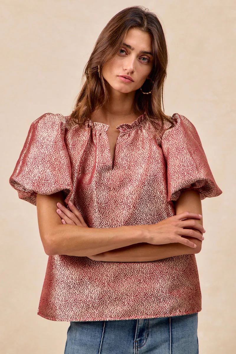 IT3435S-09 | JACQUARD WOVEN SHORT BALLOON SLEEVES V NECK TOP Layered Look