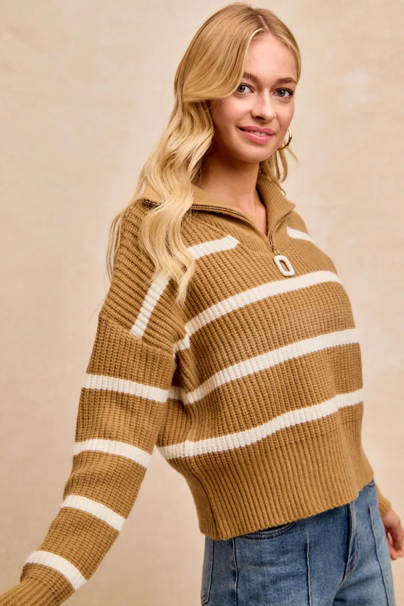 Anti Pilling Treatment FlexibleCuffs IT3457-01 | STRIPE HACCI KNIT FRONT ZIP UP COLLARD TOP