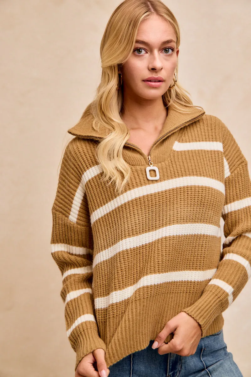 IT3457-01 | STRIPE HACCI KNIT FRONT ZIP UP COLLARD TOP Reinforced Seams LightReflectiveTrim