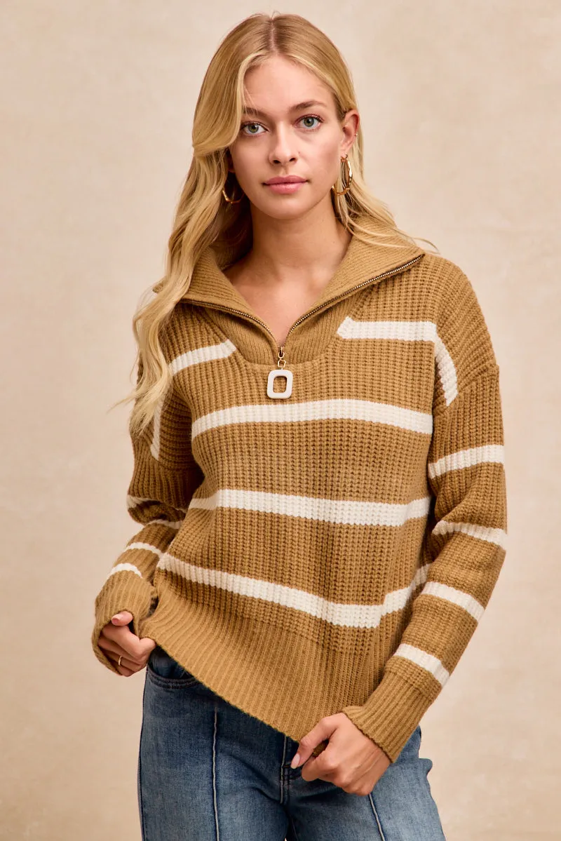 Abstract Pattern Euro Touch IT3457-01 | STRIPE HACCI KNIT FRONT ZIP UP COLLARD TOP