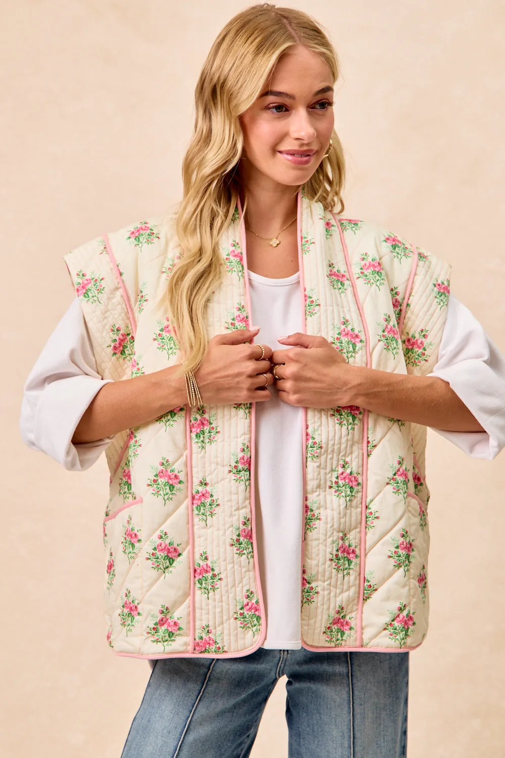 Tear Resistant Fabric Blends IT3481G-09 | FLORAL PRINT QUILTED VEST WITH POCKETS