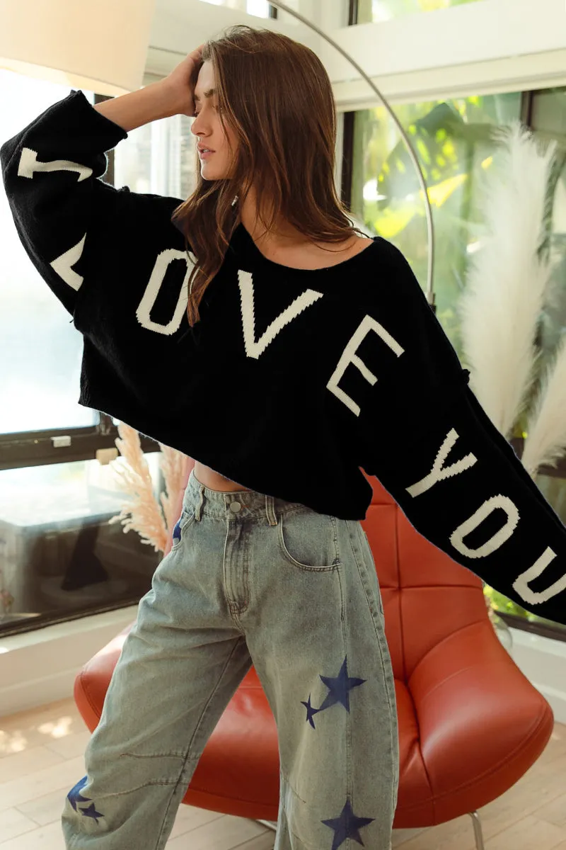 IT3482-01 | I LOVE YOU LETTER KNIT TOP Mesh Lining