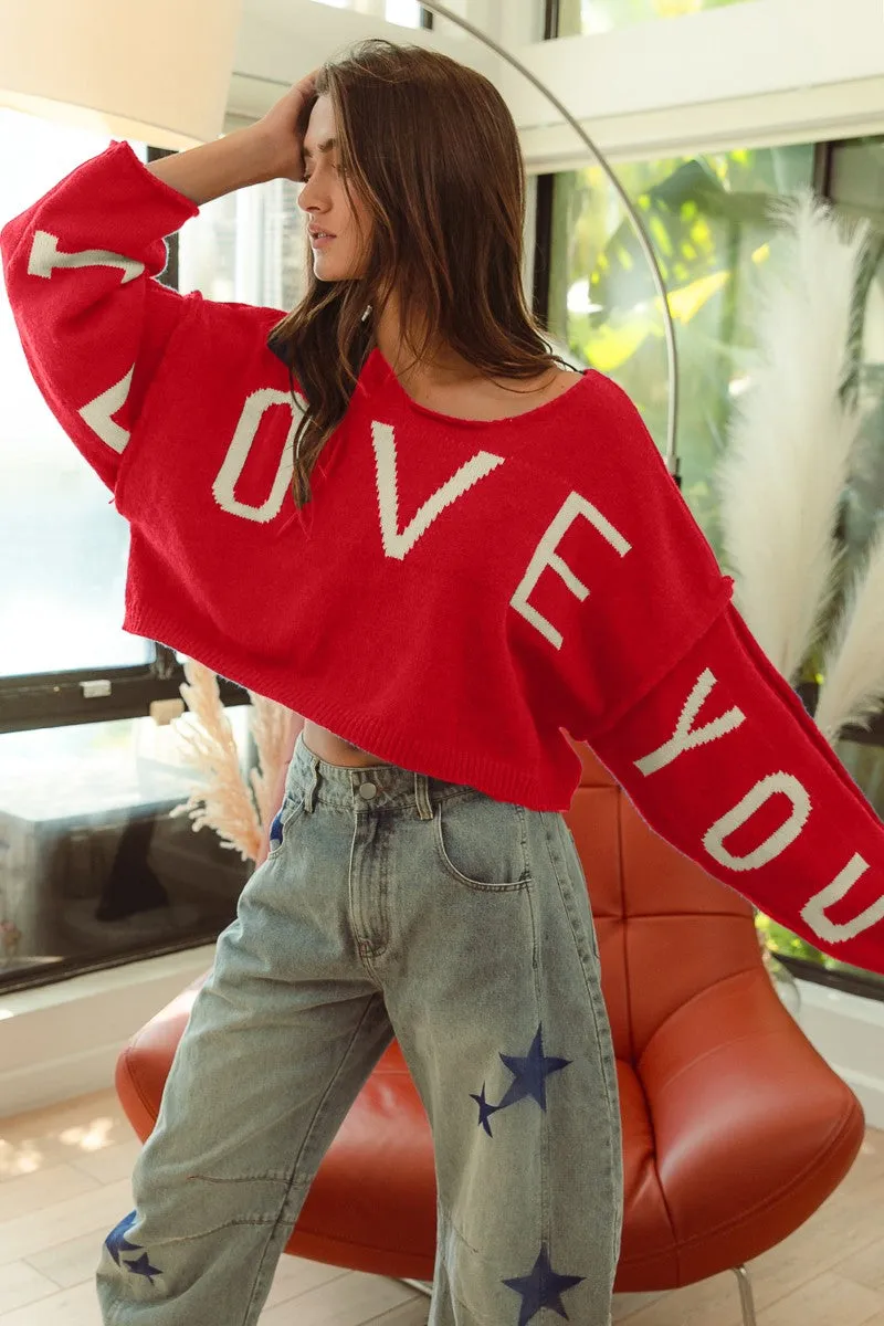 IT3482-01 | I LOVE YOU LETTER KNIT TOP Elasticated Waistband
