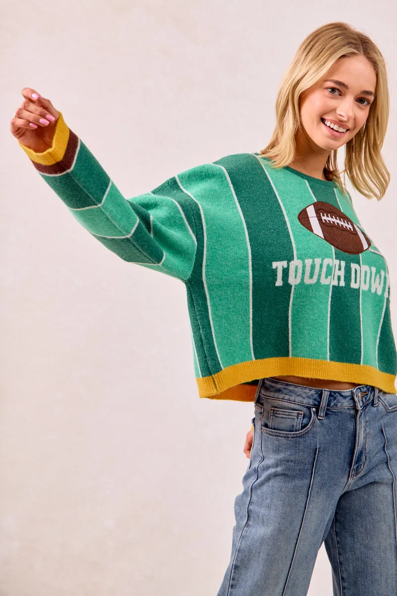 Non Tapered Leg IT3482K-03 | GAMEDAY THEME STRIPE FOOTBALL PATCHED KNIT SWEATER TOP