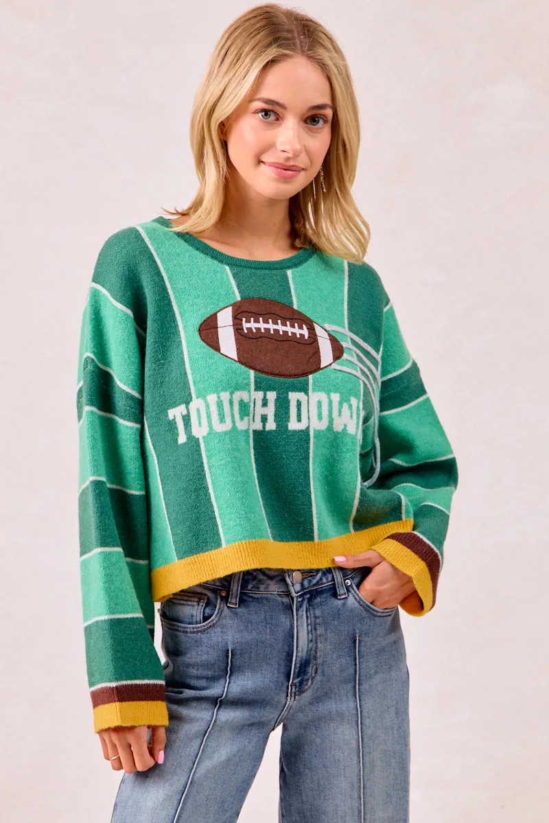 LightweightLayeredFabric IT3482K-03 | GAMEDAY THEME STRIPE FOOTBALL PATCHED KNIT SWEATER TOP