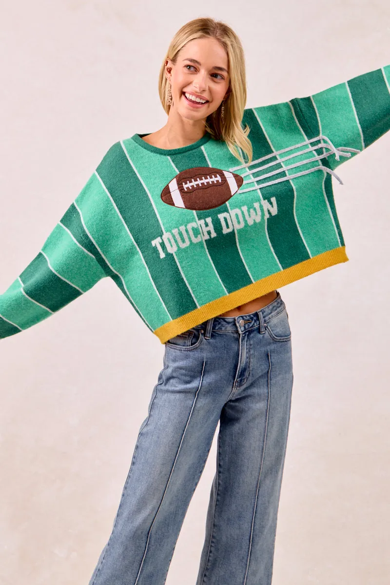 IT3482K-03 | GAMEDAY THEME STRIPE FOOTBALL PATCHED KNIT SWEATER TOP TemperatureRegulating Material Double Needle Stitching