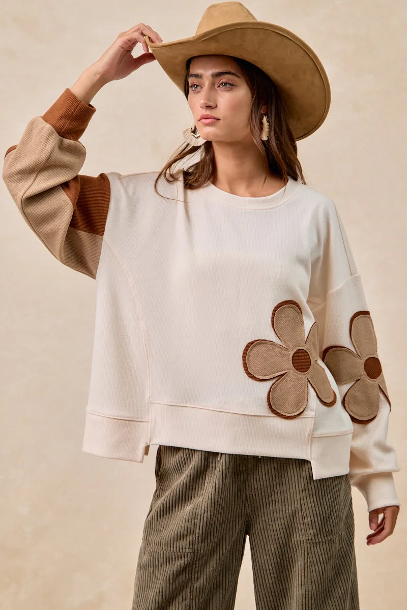 Anti Slip Cuffs IT3518S-02 | TEXTURED RIB FLOWER PATCHWORK TOP WITH UNEVEN HEM