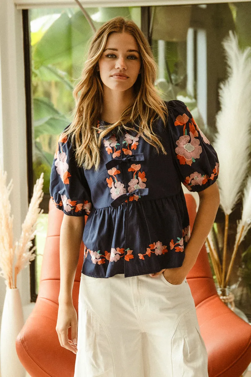 IT3552R-01P | BOW RIBBON DETAILED PUFF SLEEVE TOP WITH EMBROIDERY Thermal Lining