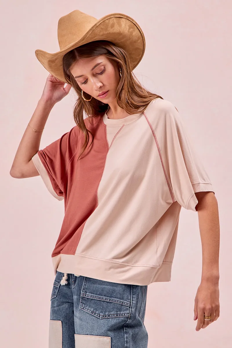 IT3659R-04 | MODAL JERSEY COLOR BLOCK SHORT SLEEVES TOP Reinforced Hem Stitching