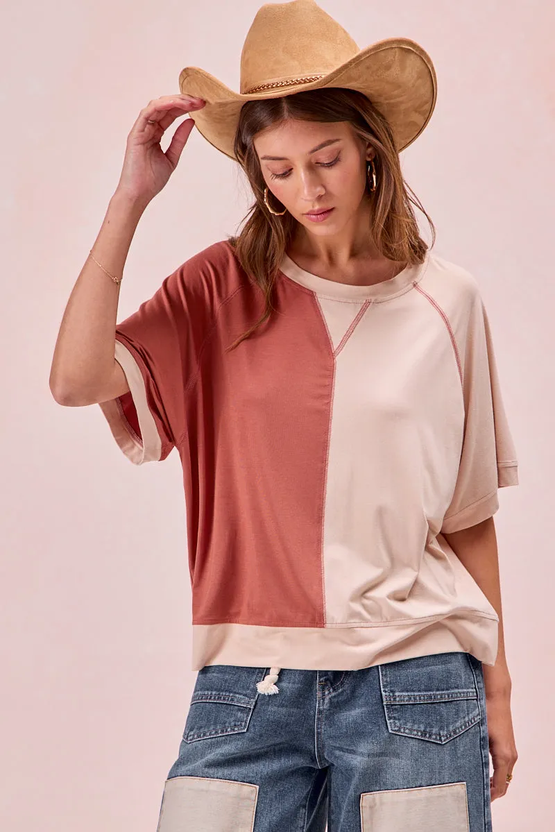 IT3659R-04 | MODAL JERSEY COLOR BLOCK SHORT SLEEVES TOP Easy Care Fabric Midweight Four Way Stretch