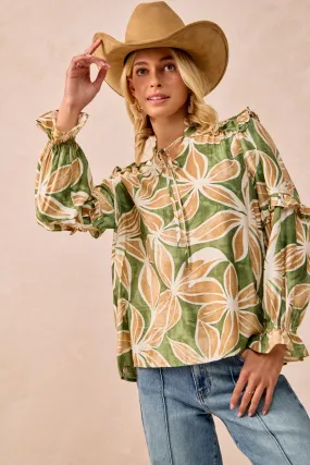 Sun Protective Fabric IT3768G-07 | FLORAL PRINT RUFFLES DETAIL TOP WITH FRONT TIE DETAIL