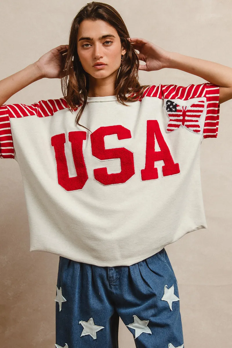 IT3785R-01P | STRIPE AND KNIT MIXED USA LETTER PATCH TOP Reinforced Shoulder Padding