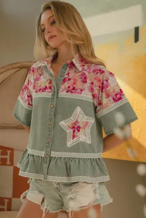 QuickRelease IT3794-01 | DENIM WITH FLORAL PRINTED AND LACE COMBO BLOUSE TOP