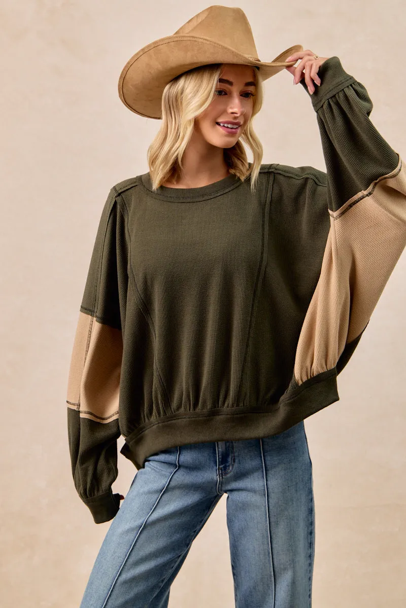 Simple Modern Piece Water Resistant Coat IT3795S-12 | TEXTURED RIB CONTRAS BLOCK TOP WITH STITCH